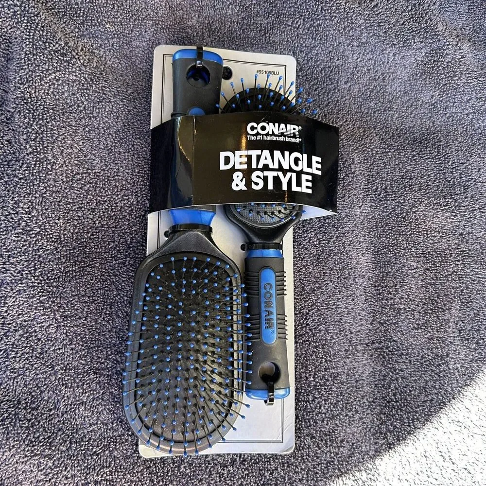 Conair Hair Brush Set Detangle & Style Full & Mid Size Cushion Brush Blue Black